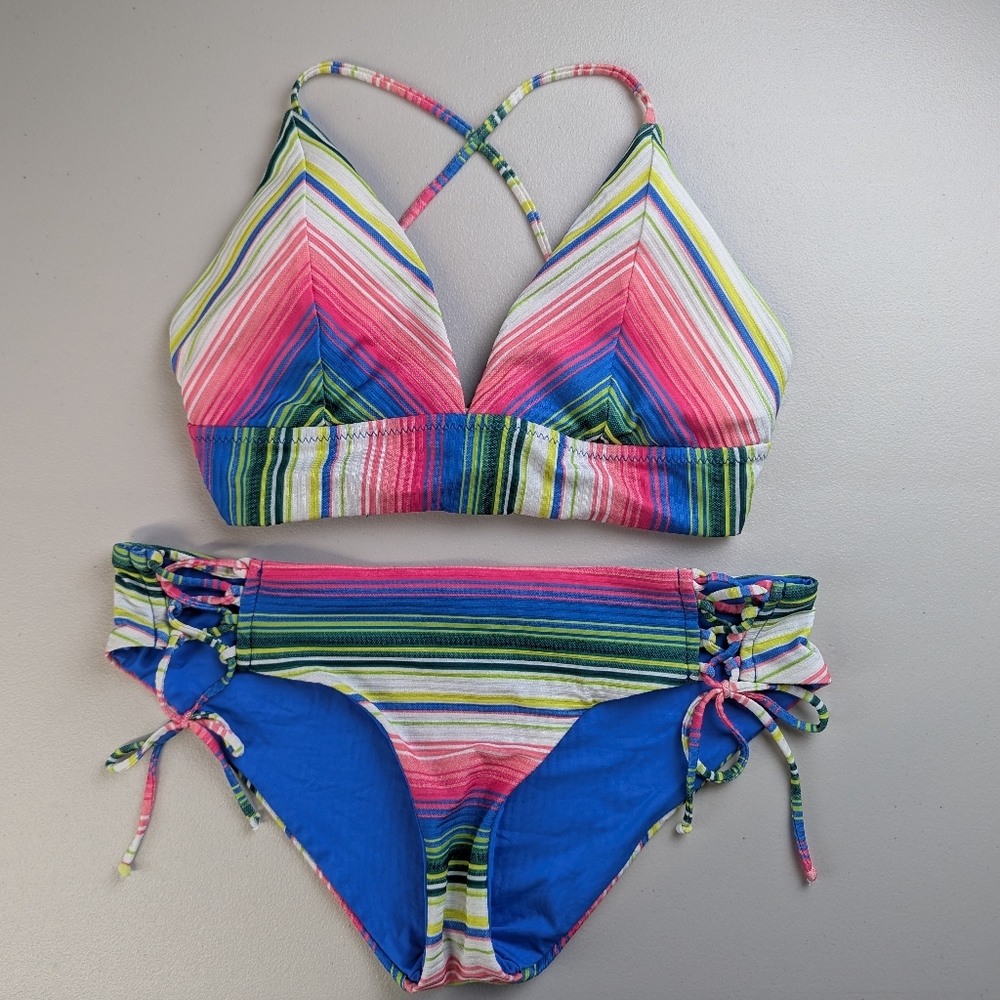 Becca Colorful Strappy Bikini Set Large Striped Rainbow Tropical Pink Blue Beach